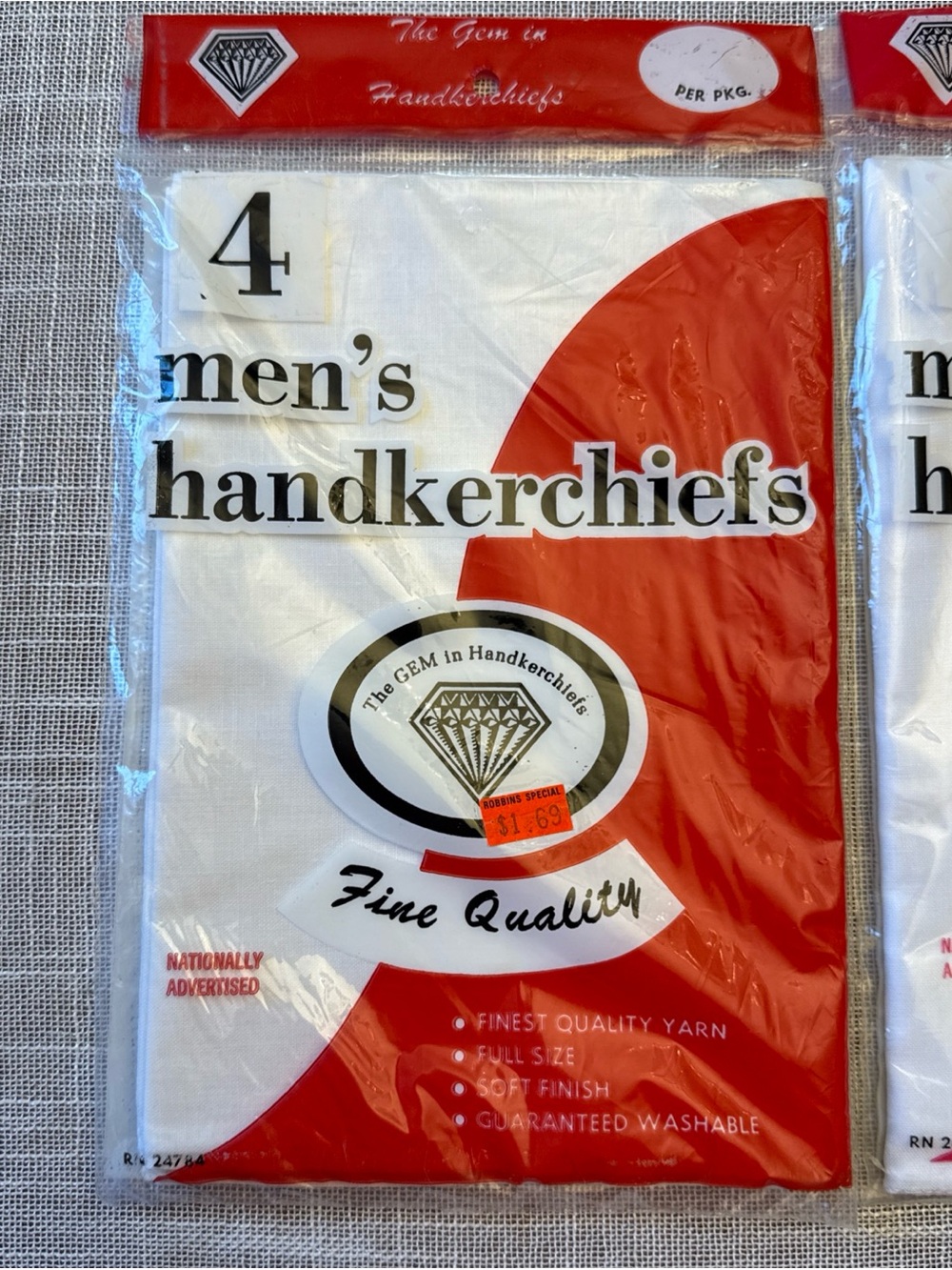 Vtg Gem Mens White Handkerchiefs (2) New In Package 4 Packs RN 24784 Soft Finish